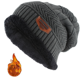 Gorro masculino de inverno em couro com etiqueta, tricotado, largo, grosso, com forro de lã.