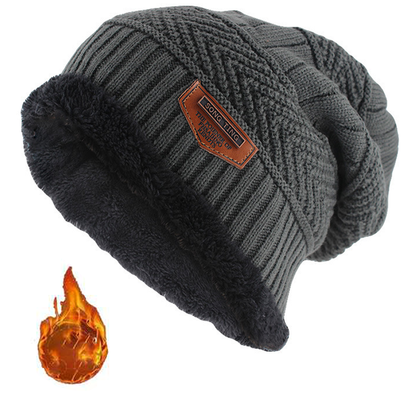 Gorro masculino de inverno em couro com etiqueta, tricotado, largo, grosso, com forro de lã.