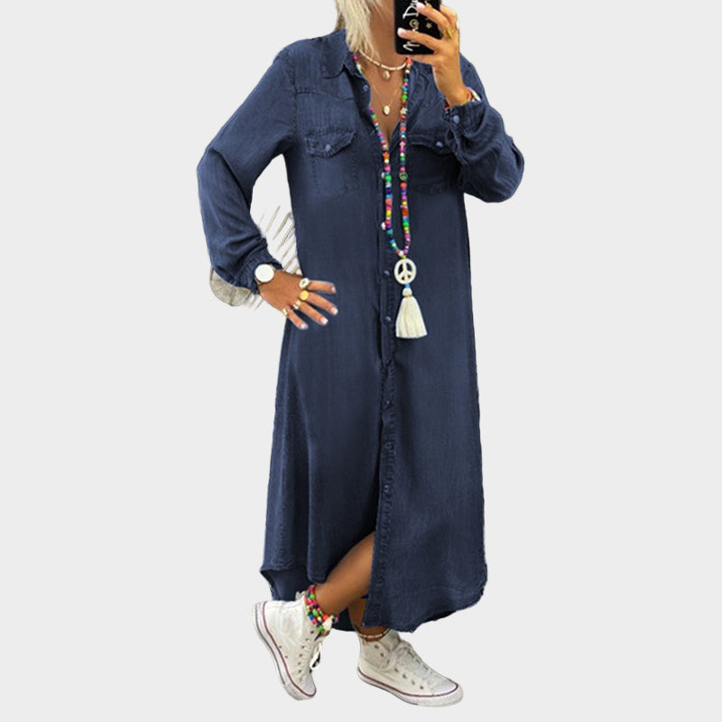 Vestido maxi de ganga de manga longa
