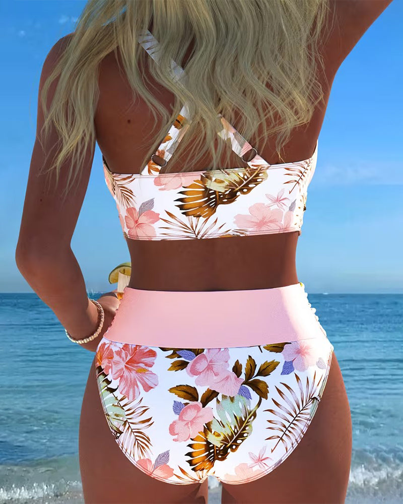Bikini Kontrast Blumenmuster Geteilt
