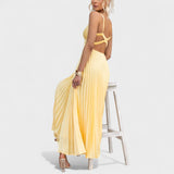 Aby - Vestido maxi amarelo plissado com decote em V - Ines Braga
