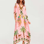 Alessandra | Vestido Longo Estampado de Arara Preto e Rosa - Ines Braga