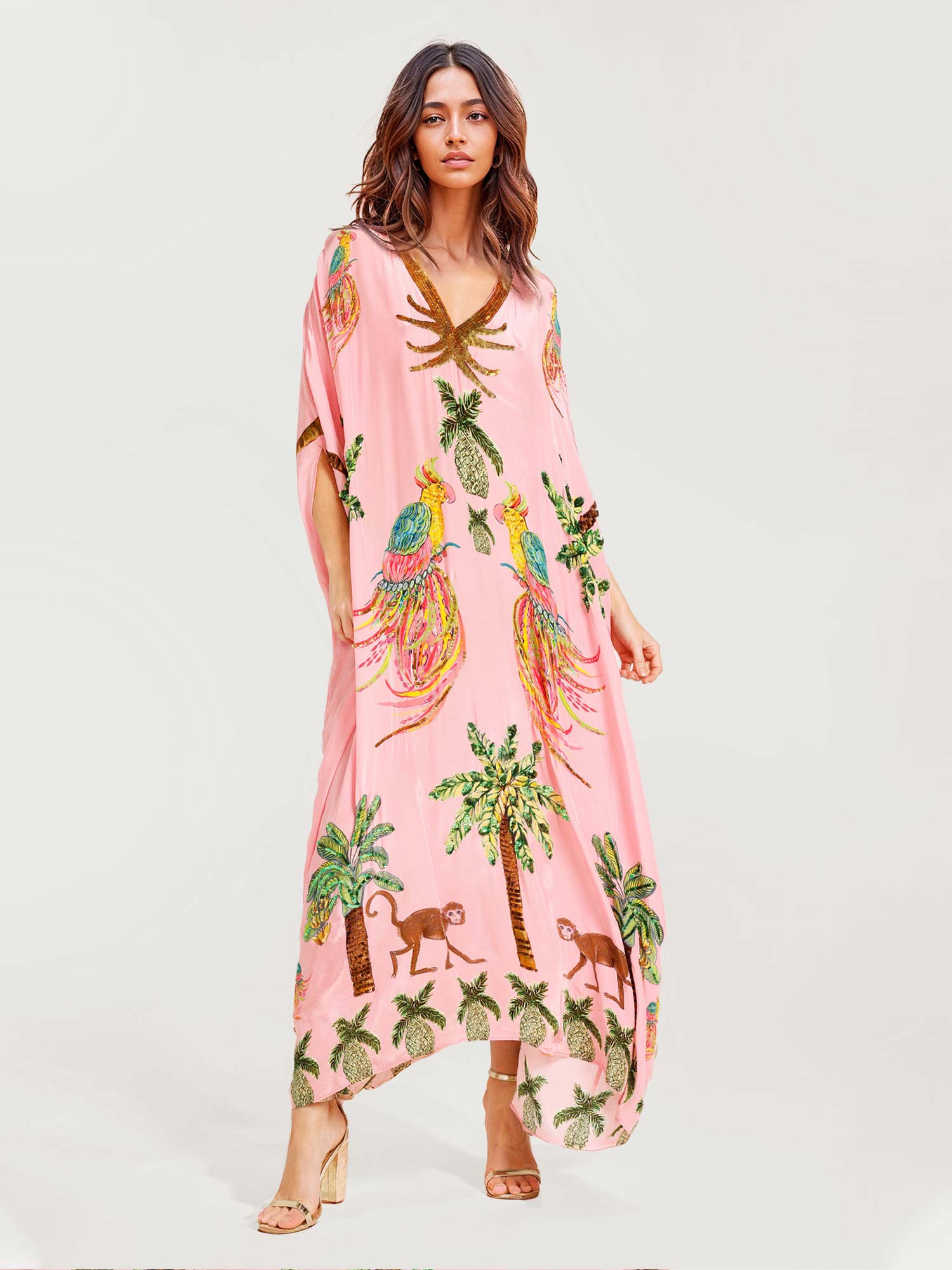 Alessandra | Vestido Longo Estampado de Arara Preto e Rosa - Ines Braga
