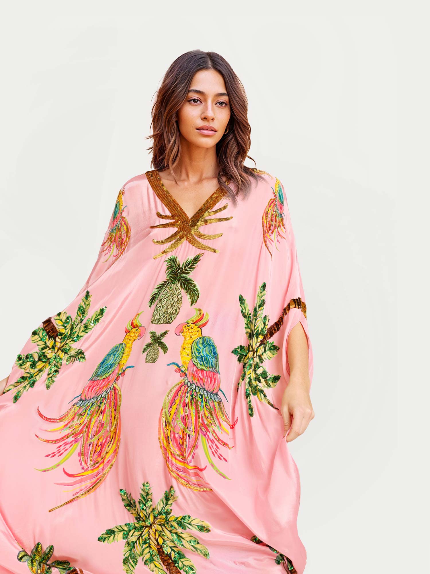 Alessandra | Vestido Longo Estampado de Arara Preto e Rosa - Ines Braga