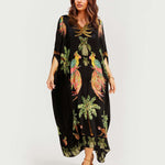 Alessandra | Vestido Longo Estampado de Arara Preto e Rosa - Ines Braga