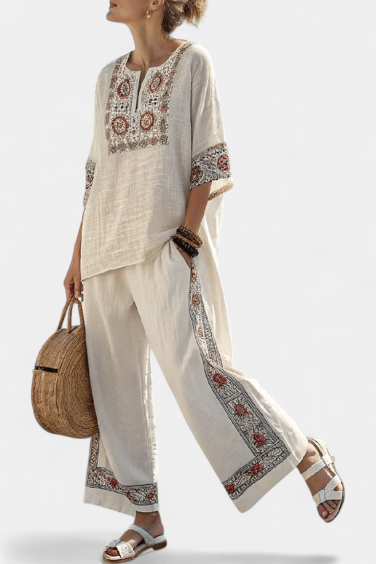 Amália| Conjunto Mediterrâneo Daisy Elegante Em Linho - Ines Braga