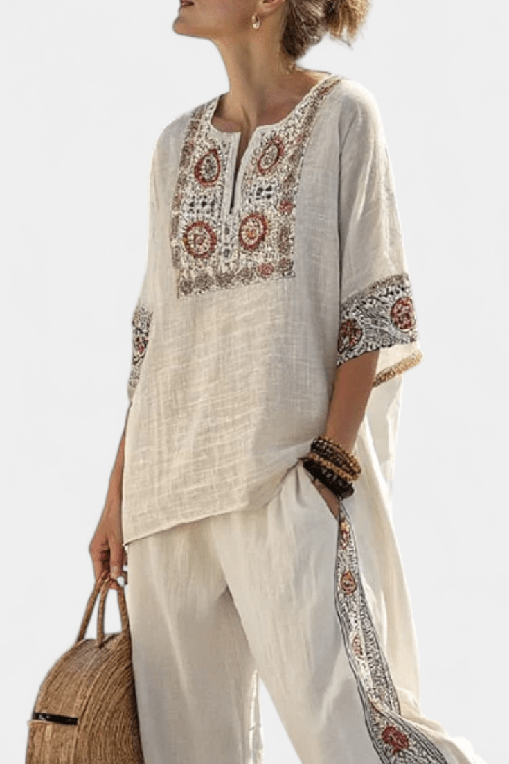 Amália| Conjunto Mediterrâneo Daisy Elegante Em Linho - Ines Braga