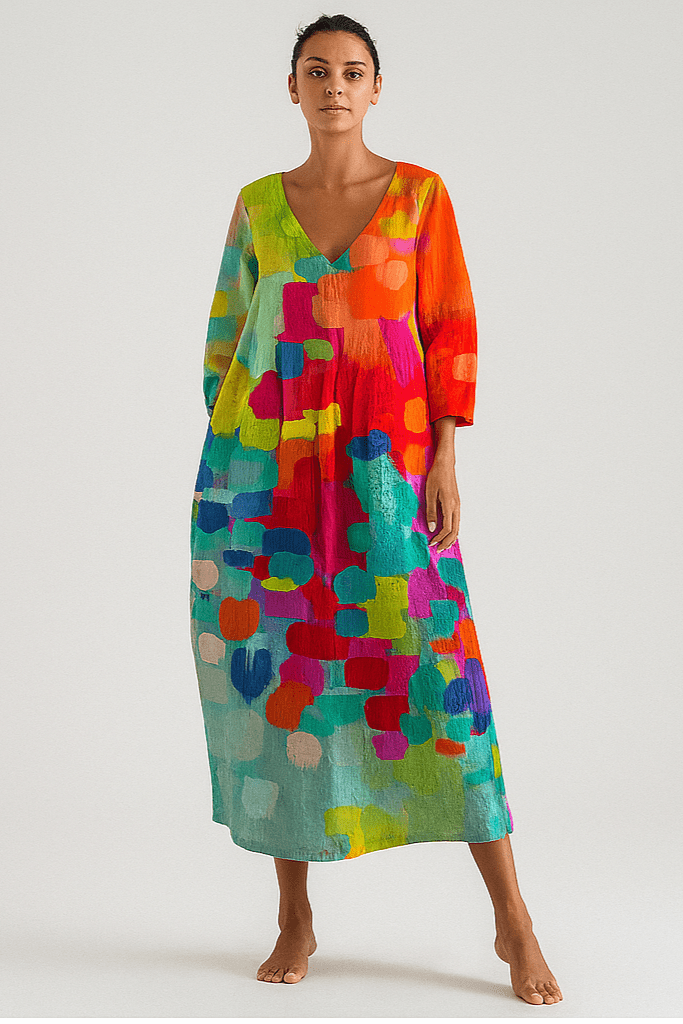 Anne | Vestido Fluido com Decote em V e Estampa Colorida - Ines Braga