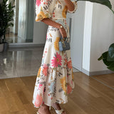 Anny | Vestido midi de gola quadrada com estampado floral e manga folhada - Ines Braga