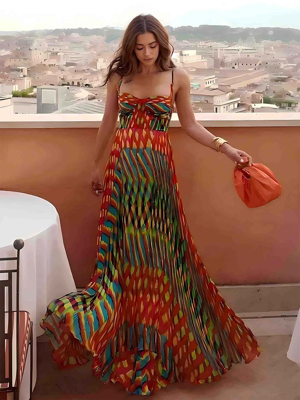 Aria | Vestido Maxi Estampado Abstrato Sem Mangas com Corte A - Line - Ines Braga