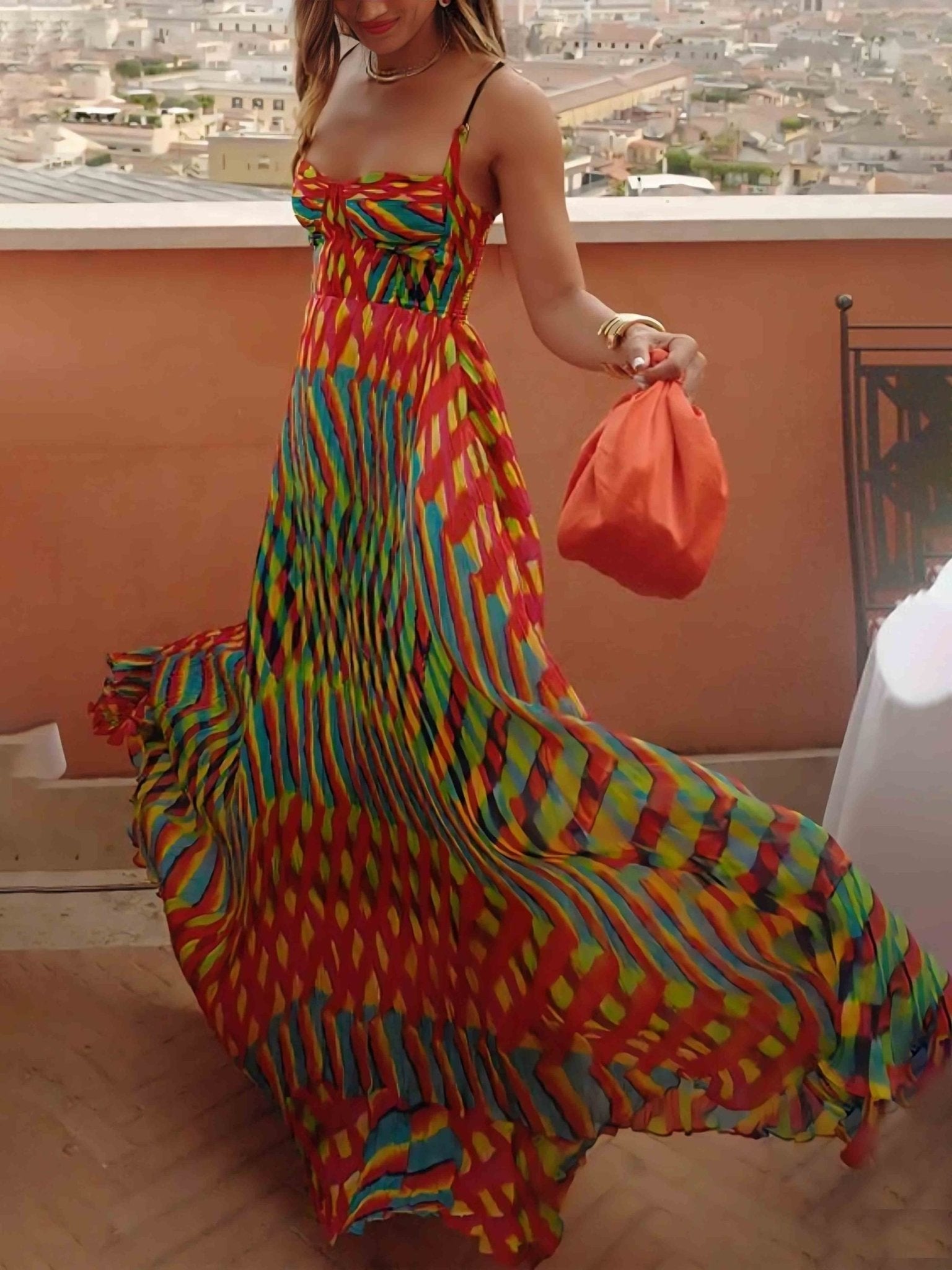 Aria | Vestido Maxi Estampado Abstrato Sem Mangas com Corte A - Line - Ines Braga