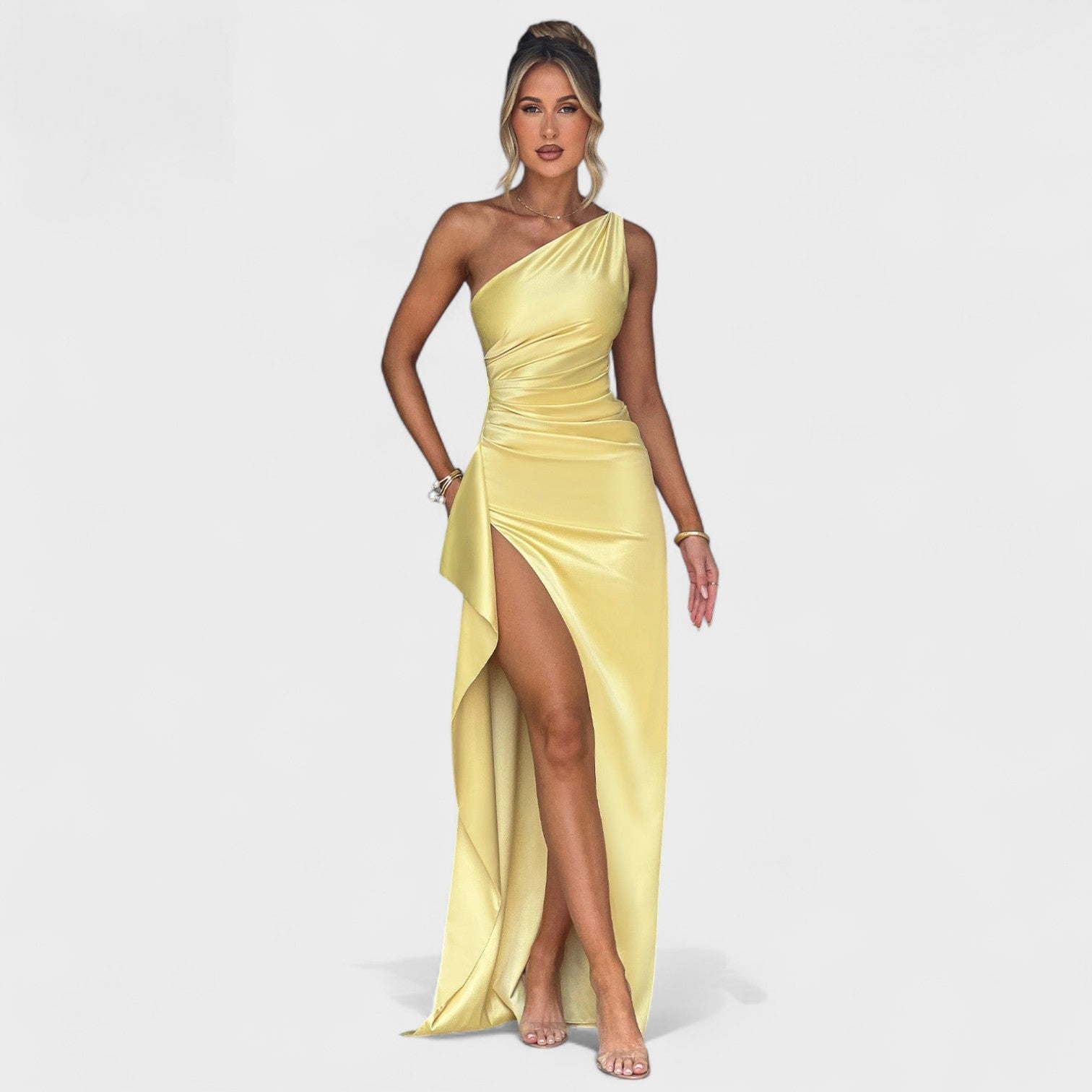Ariel - Vestido Assimétrico Cetim Limão - Ines Braga