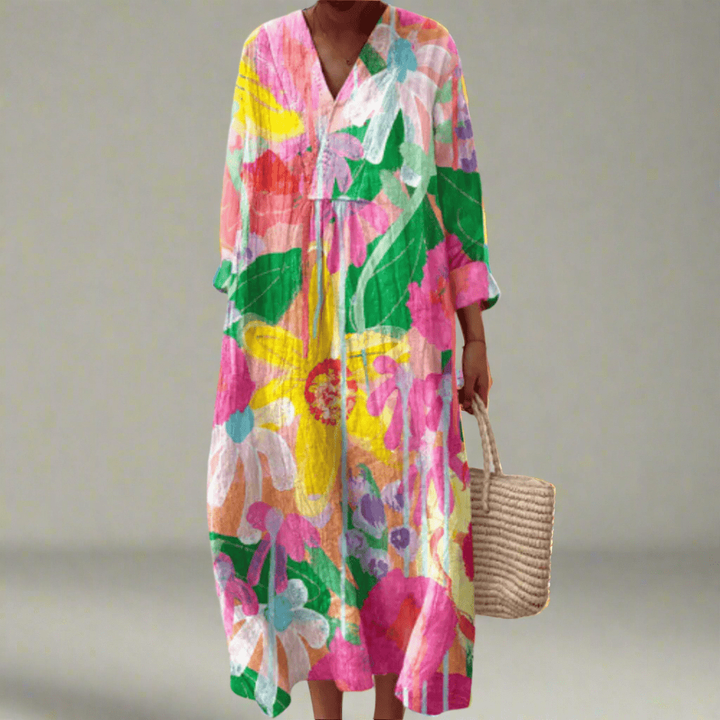Belinda™ | Vestido maxi arejado com flores em aquarela - Ines Braga