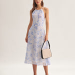 Clarice | Vestido Midi Azul Floral com Decote Halter - Ines Braga