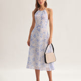Clarice | Vestido Midi Azul Floral com Decote Halter - Ines Braga