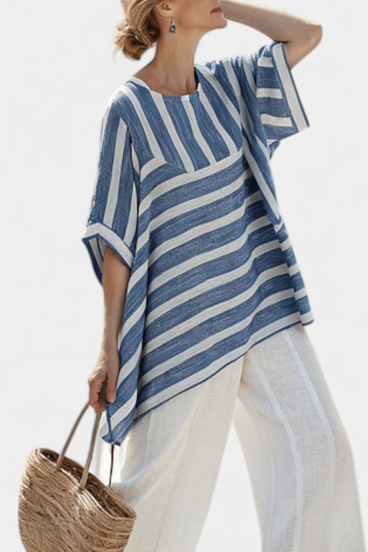 Constança| Conjunto Linho Mediterrâneo Com Listras Azuis - Ines Braga