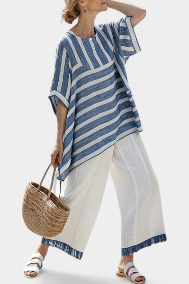 Constança| Conjunto Linho Mediterrâneo Com Listras Azuis - Ines Braga