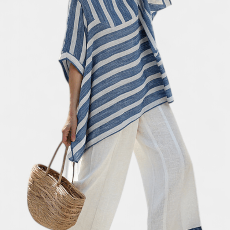 Constança| Conjunto Linho Mediterrâneo Com Listras Azuis - Ines Braga