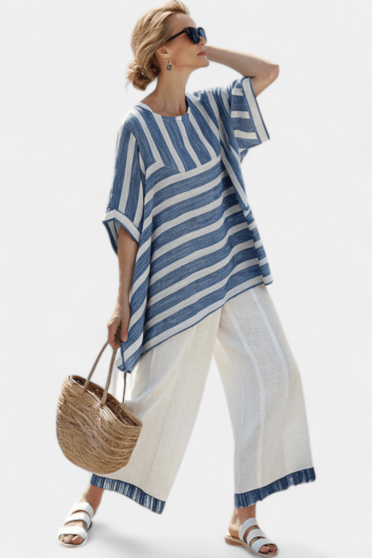Constança| Conjunto Linho Mediterrâneo Com Listras Azuis - Ines Braga