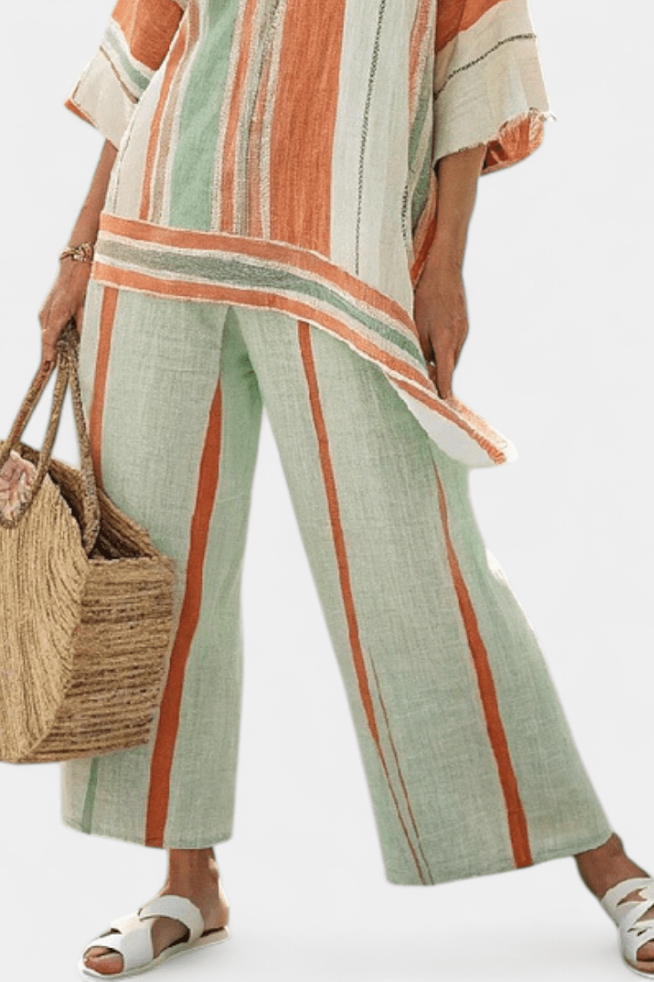 Dalila | Conjunto De Linho De Bambu Com Riscas Elegante - Ines Braga