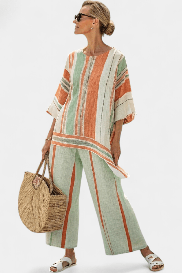 Dalila | Conjunto De Linho De Bambu Com Riscas Elegante - Ines Braga
