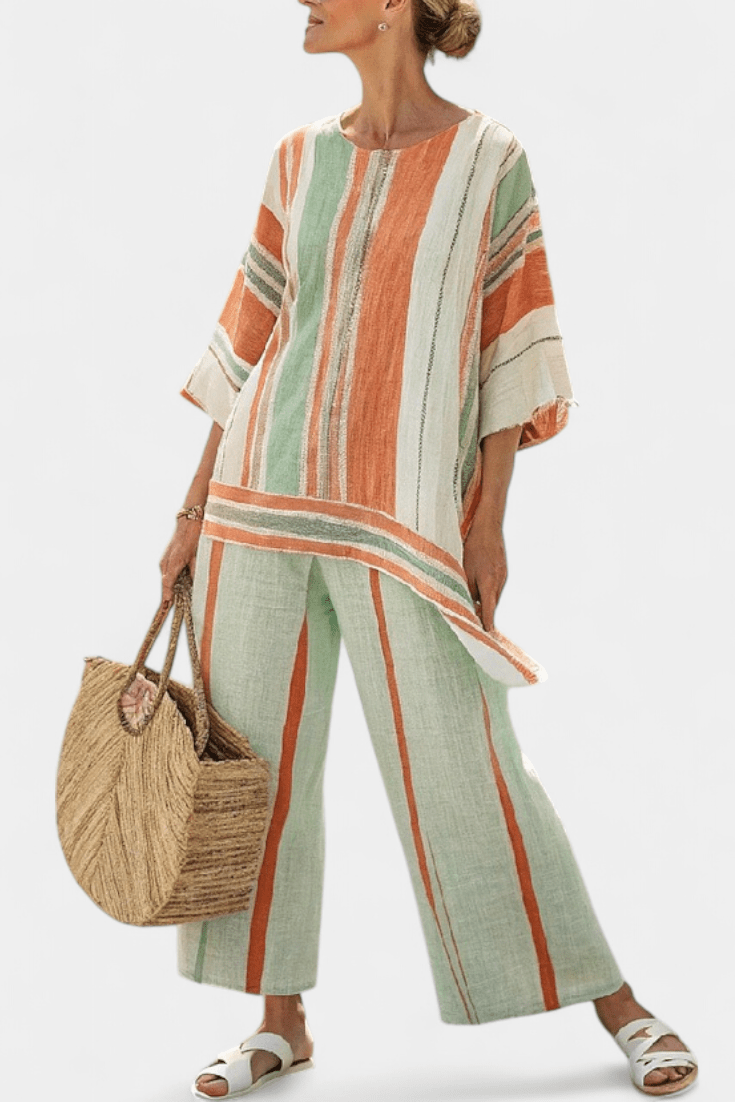Dalila | Conjunto De Linho De Bambu Com Riscas Elegante - Ines Braga