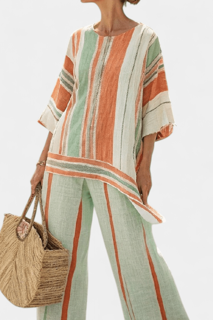 Dalila | Conjunto De Linho De Bambu Com Riscas Elegante - Ines Braga