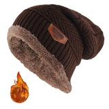 Gorro masculino de inverno em couro com etiqueta, tricotado, largo, grosso, com forro de lã.