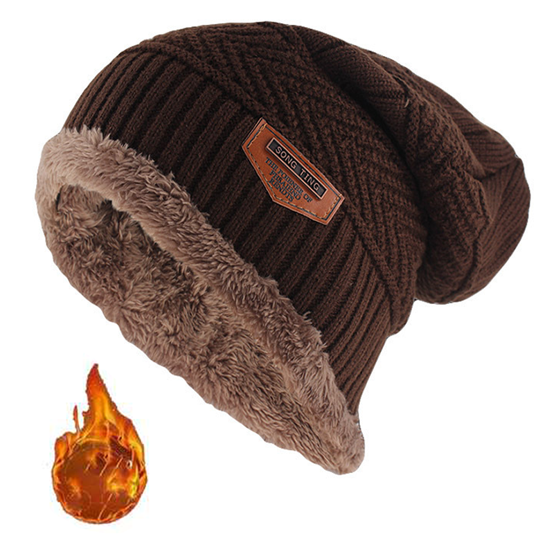 Gorro masculino de inverno em couro com etiqueta, tricotado, largo, grosso, com forro de lã.