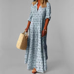 Eduarda | Vestido Longo Vintage com Decote V e Estampa Suave - Ines Braga
