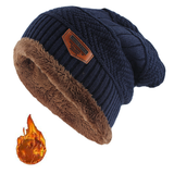 Gorro masculino de inverno em couro com etiqueta, tricotado, largo, grosso, com forro de lã.