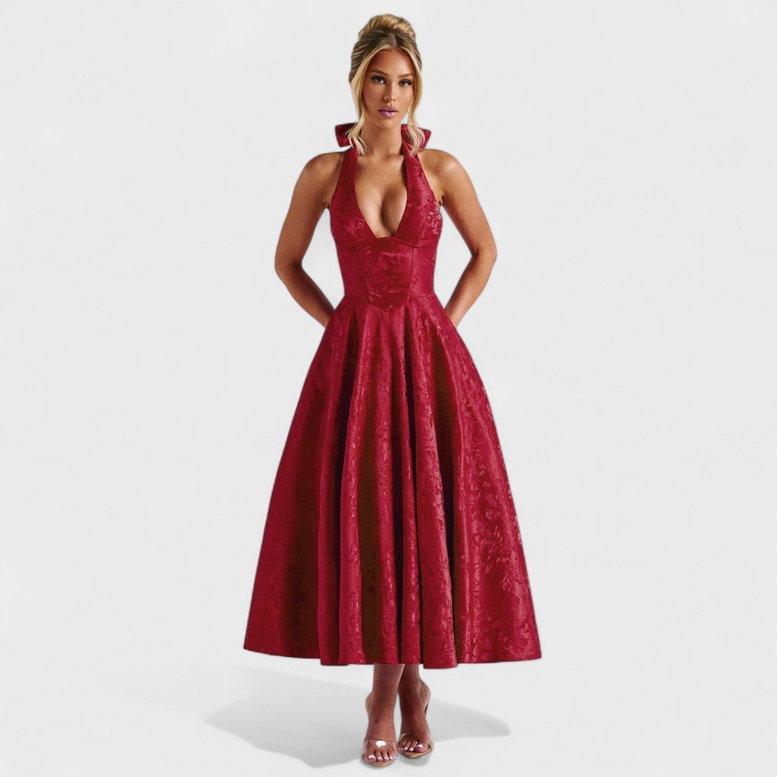 Effie - Vestido midi texturado com decote V - Ines Braga