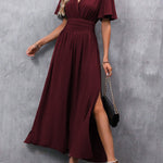 Eterna | Vestido Maxi Elegante Preto com Decote V, Mangas Fluidas e Fenda - Ines Braga