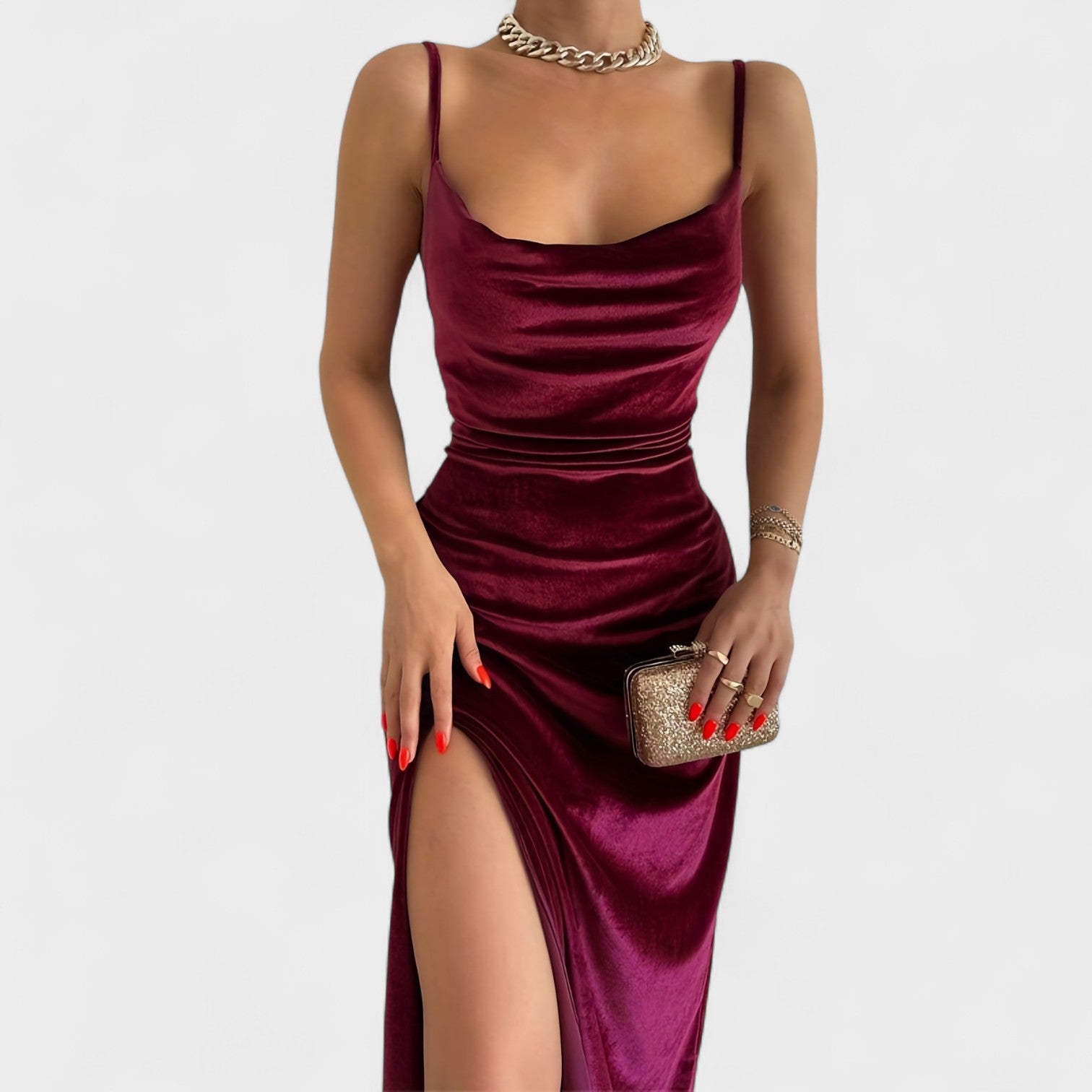 Gabriela - Vestido de veludo com fenda lateral - Ines Braga