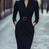Iara | Vestido Justo Preto Refinado Com Cinto - Ines Braga