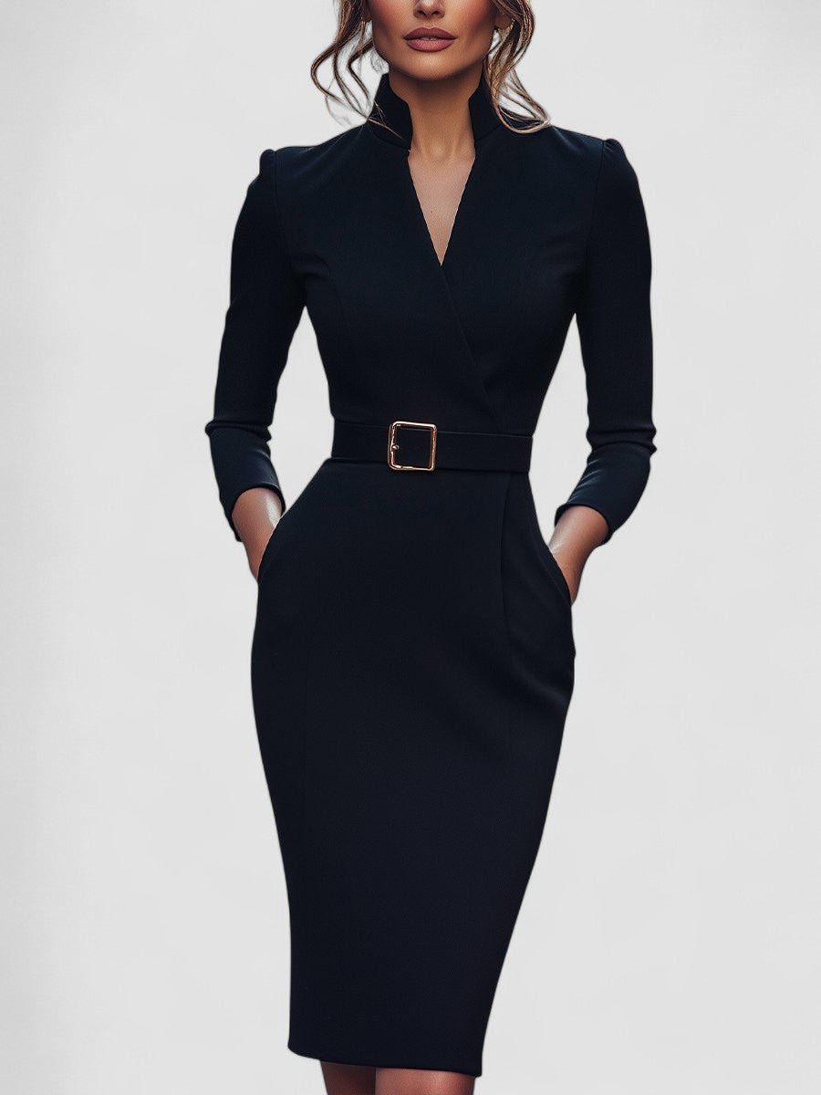 Iara | Vestido Justo Preto Refinado Com Cinto - Ines Braga