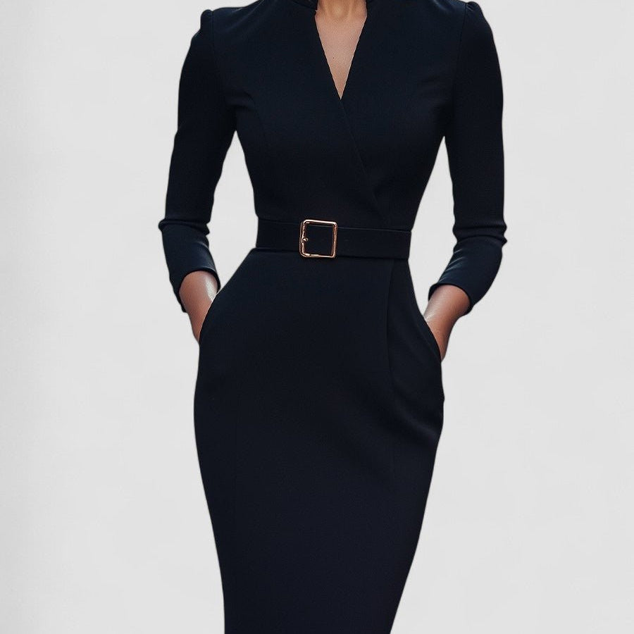 Iara | Vestido Justo Preto Refinado Com Cinto - Ines Braga