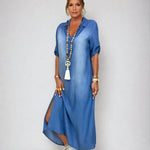 Ibiza | Vestido Maxi De Ganga Com Detalhes Modernos - Ines Braga