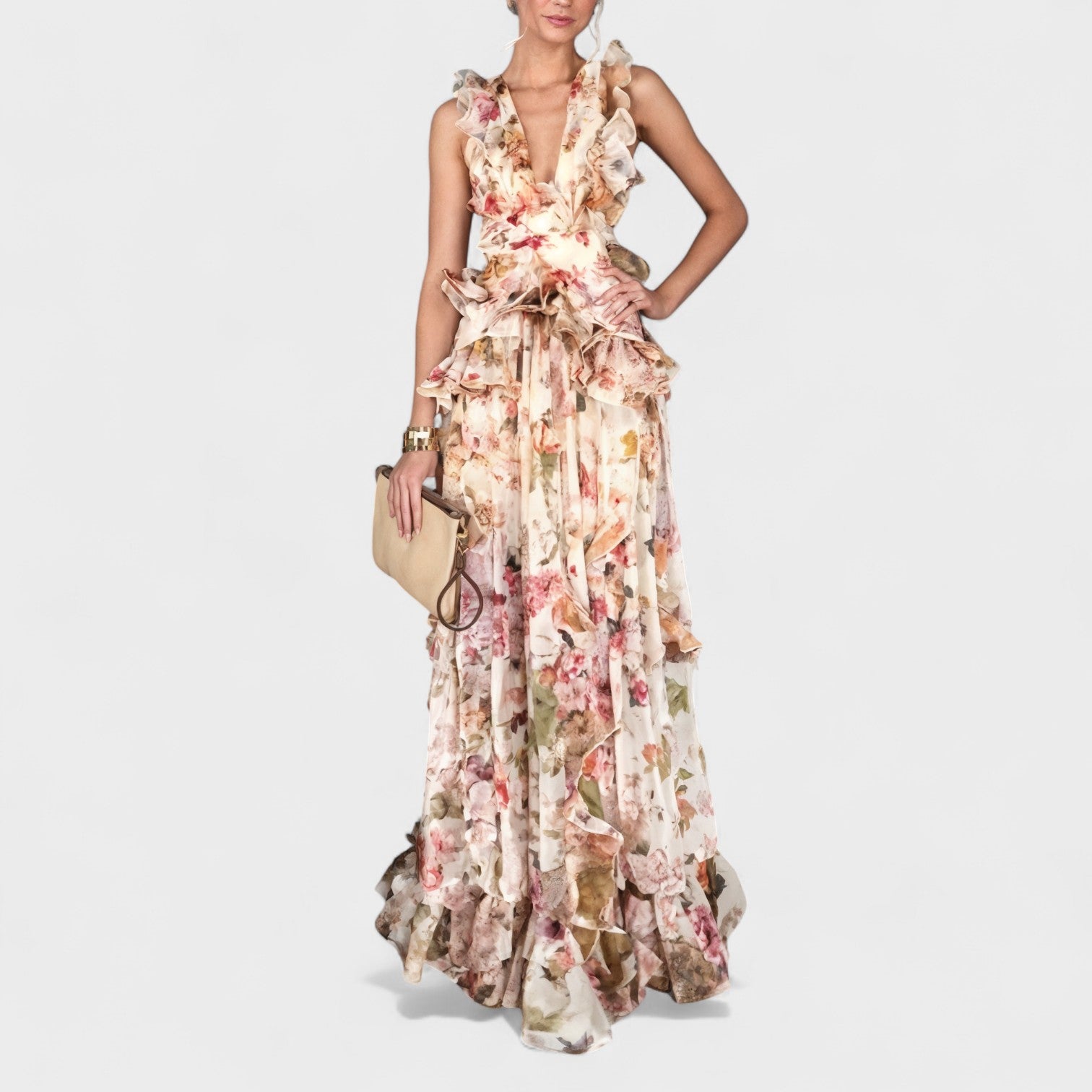 Isabela - Vestido comprido com folhos florais - Ines Braga