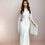 Isabela | Vestido Longo de Cetim Modesto com Mangas Abertas - Ines Braga