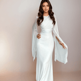 Isabela | Vestido Longo de Cetim Modesto com Mangas Abertas - Ines Braga