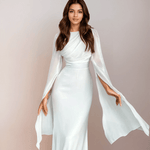 Isabela | Vestido Longo de Cetim Modesto com Mangas Abertas - Ines Braga