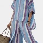 Laura | Conjunto Listras Daisy Malva Azul Claro Elegante - Ines Braga