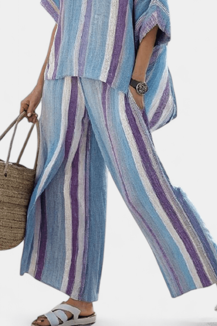 Laura | Conjunto Listras Daisy Malva Azul Claro Elegante - Ines Braga