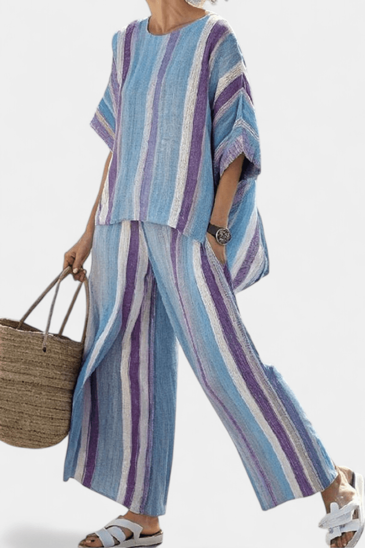 Laura | Conjunto Listras Daisy Malva Azul Claro Elegante - Ines Braga