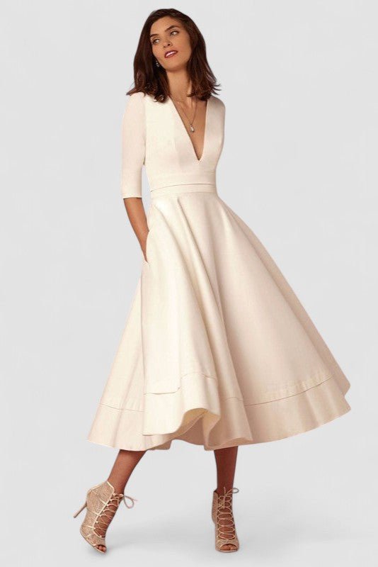 Laura | Vestido Midi Feminino Com Corte Em A, Decote Em V - Ines Braga