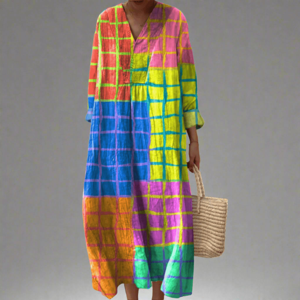 Leona™ | Vestido Maxi com Estampa Xadrez Vibrante - Ines Braga