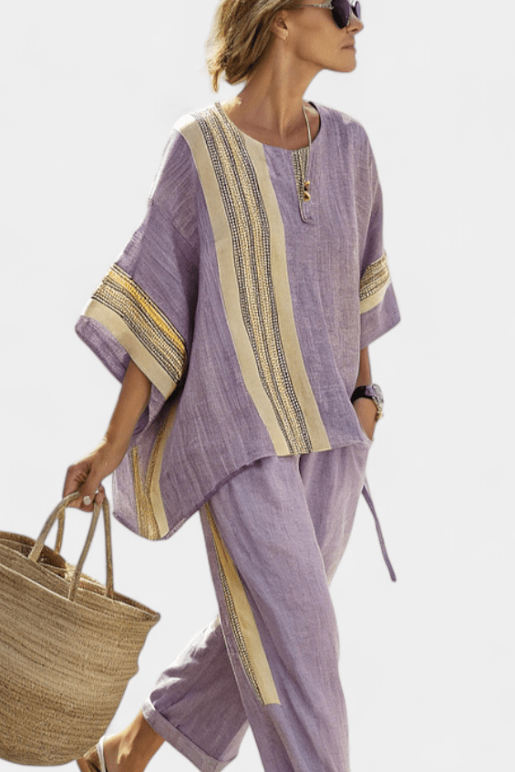 Lorena | Conjunto Boho De Linho E Bambu Lavanda Elegante - Ines Braga