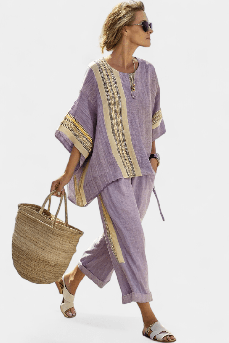 Lorena | Conjunto Boho De Linho E Bambu Lavanda Elegante - Ines Braga