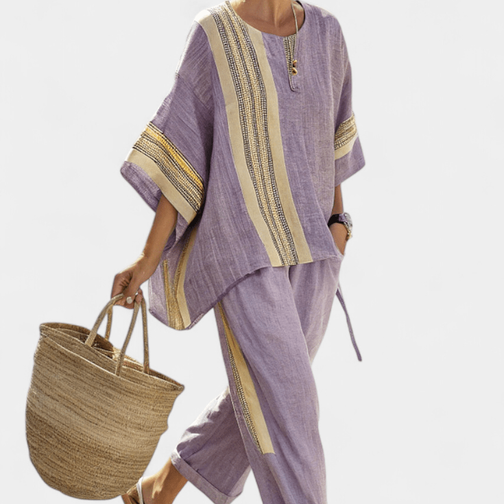 Lorena | Conjunto Boho De Linho E Bambu Lavanda Elegante - Ines Braga